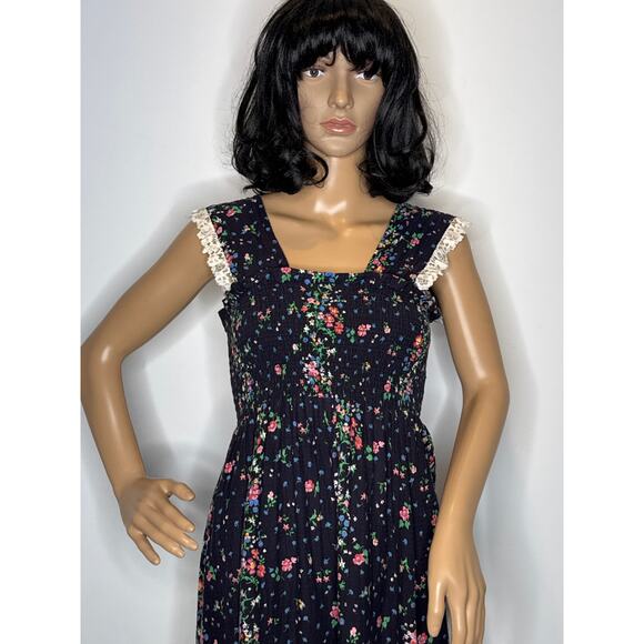 Vintage 70s The Fig Leaf Floral Smocked Cottagecore Prairie Midi Cotton Dress XS - Picture 10 of 16